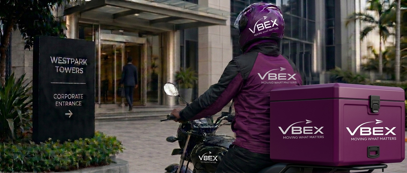 VBEX courier on a crimson delivery bike outside Westpark Towers
